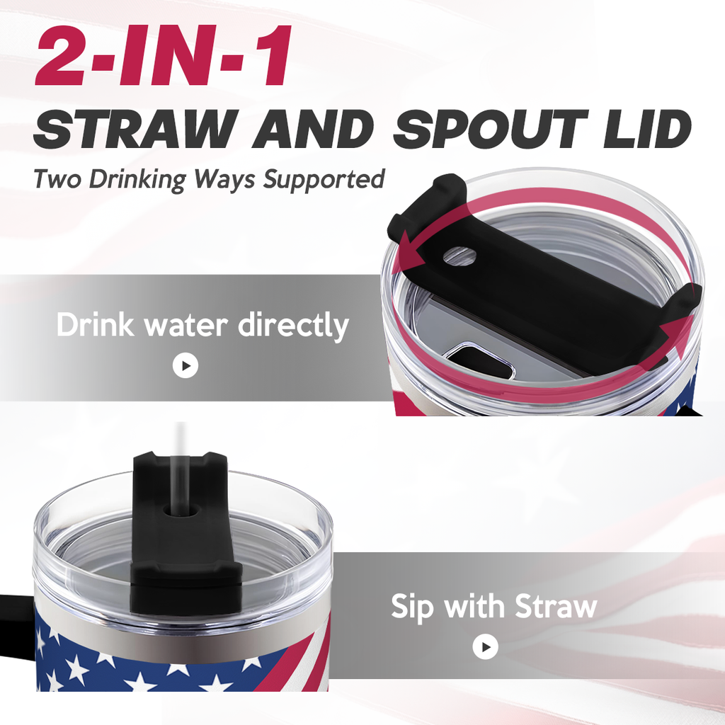 American Flag Tumbler with Handle, America Engraved 40oz Stainless Steel Insulated Coffee Mug with Lid & Straw, America Gifts for Men Women, USA Tumblers Cup Gift for Christmas