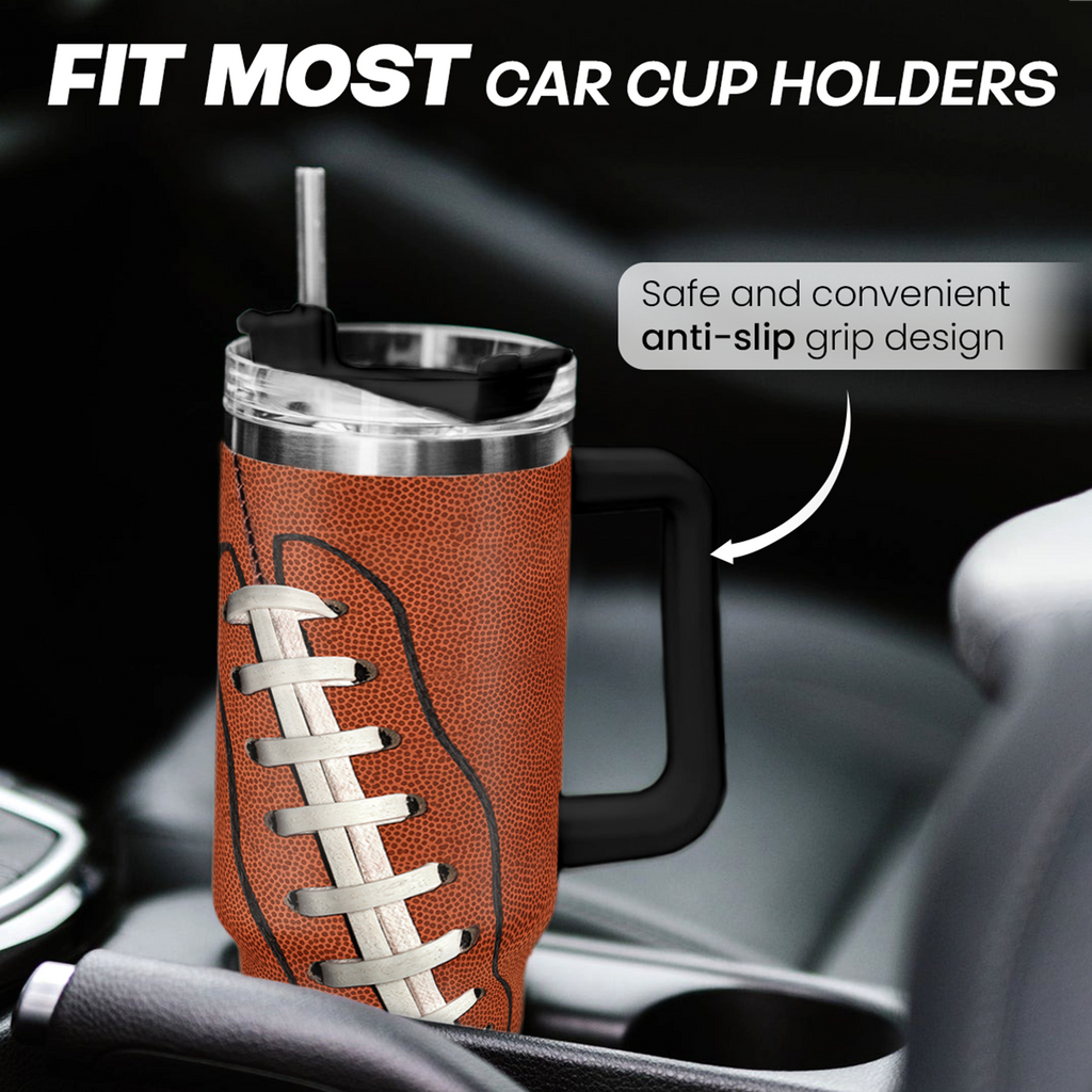 Football Tumbler with Handle 40oz with Lid & Straw, Football Gifts for Men Boys Player Coach Sports Lover, Football Tumblers Coffee Stainless Steel Insulated Cup Gifts for Christmas Birthday